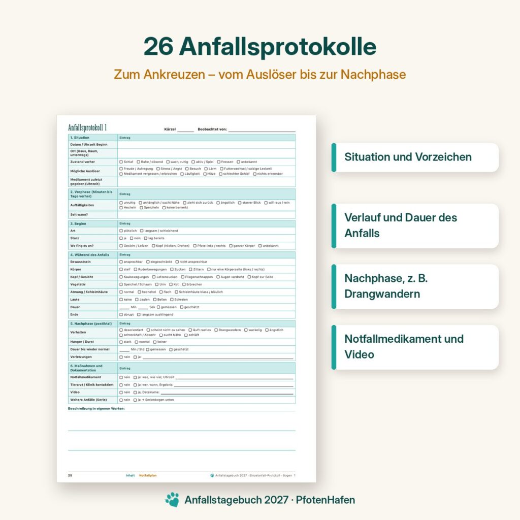 Anfallsprotokoll zum Ankreuzen für epileptische Hunde mit Vorphase, Verlauf und Nachphase