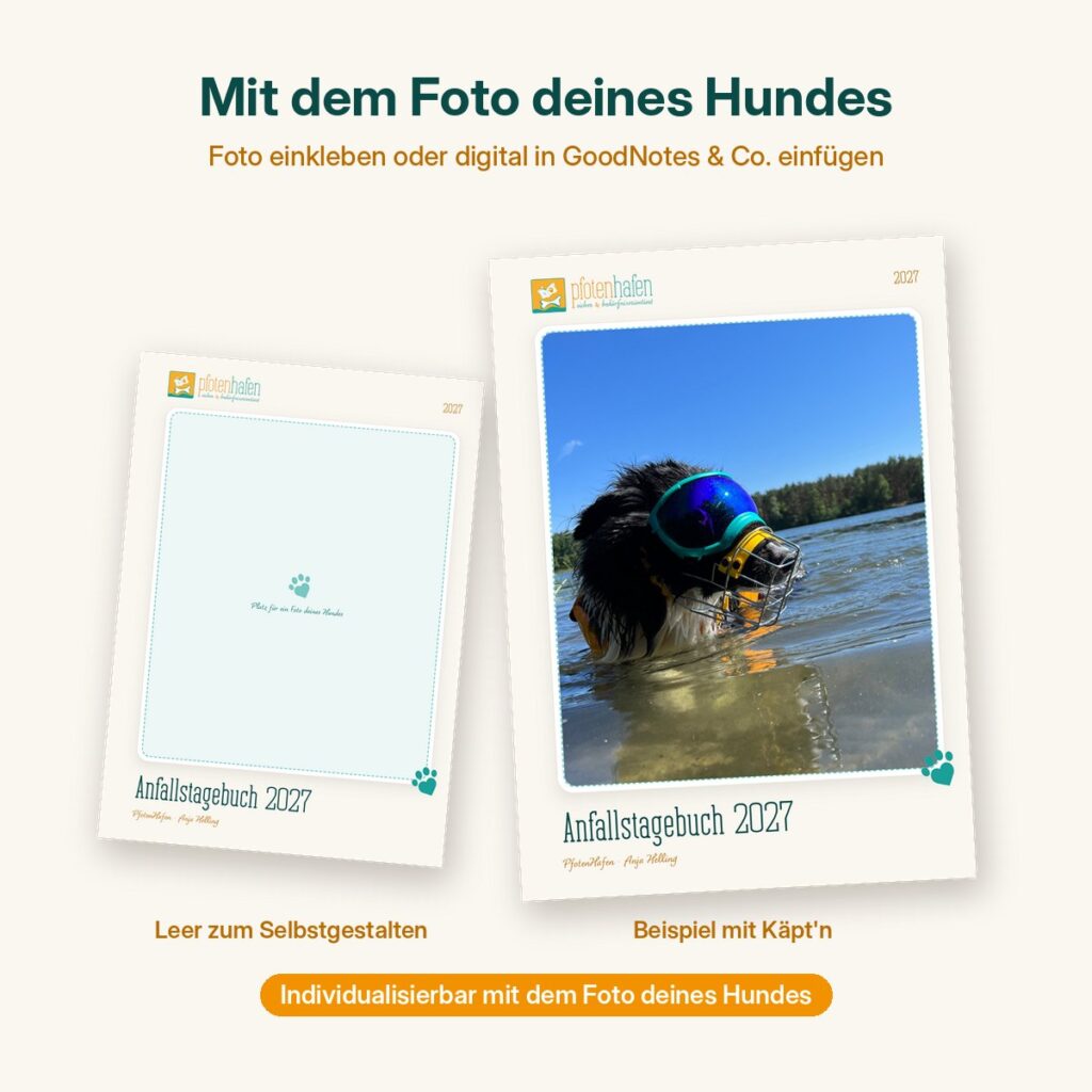 Cover des Anfallstagebuchs Epilepsietagebuchs für Hunde, individualisierbar mit eigenem Hundefoto – Beispiel mit Hund Käpt'n im See