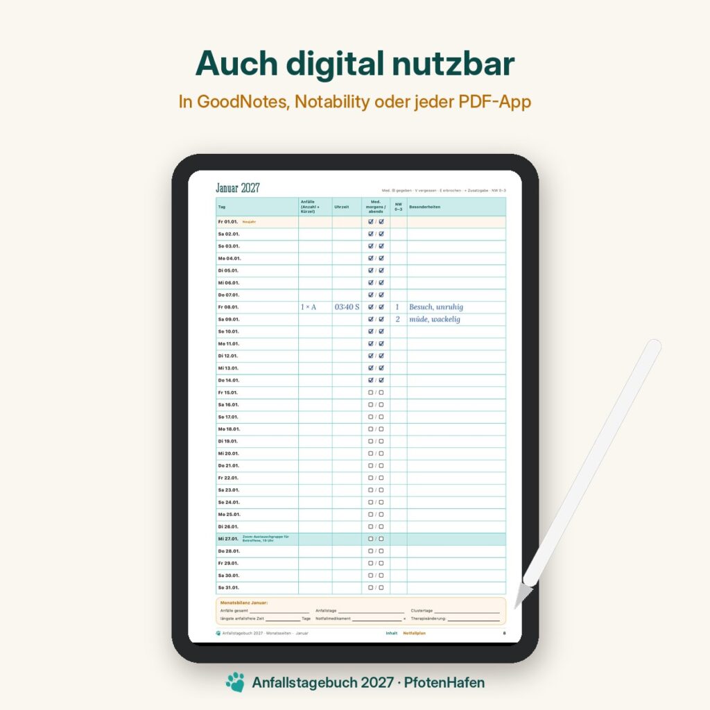 Anfallstagebuch Epilepsietagebuch für Hunde digital auf dem Tablet in GoodNotes ausgefüllt