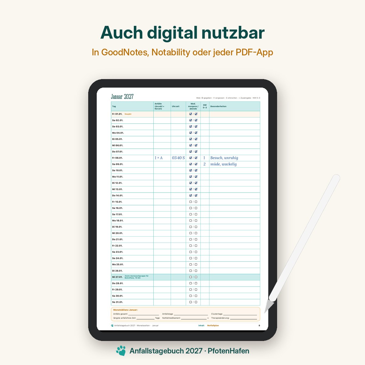 Anfallstagebuch Epilepsietagebuch für Hunde digital auf dem Tablet in GoodNotes ausgefüllt