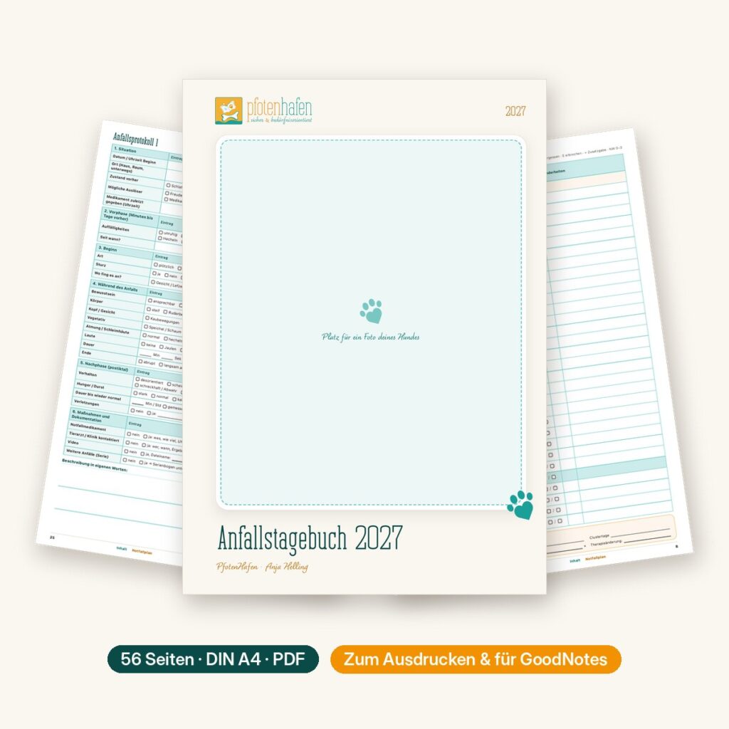 Epilepsietagebuch Anfallstagebuch 2027 für Hunde mit Epilepsie von PfotenHafen – Cover mit Monatsseite und Anfallsprotokoll
