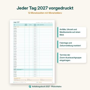 Monatsseite Januar 2027 im Anfallstagebuch Epilepsietagebuch für Hunde mit Spalten für Anfälle, Uhrzeit und Medikamente