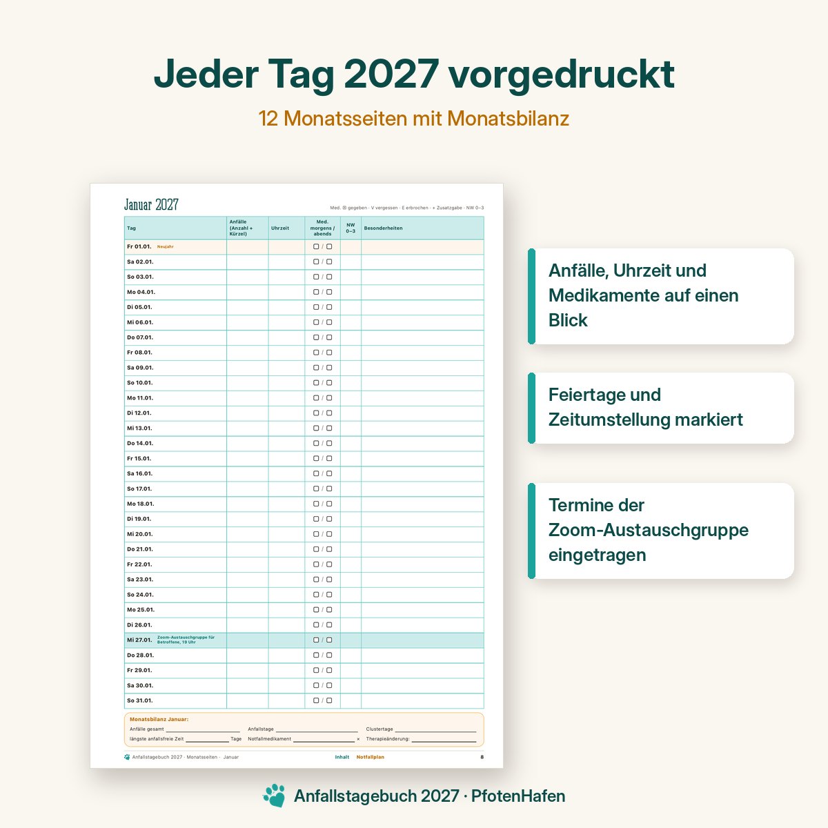 Monatsseite Januar 2027 im Anfallstagebuch Epilepsietagebuch für Hunde mit Spalten für Anfälle, Uhrzeit und Medikamente