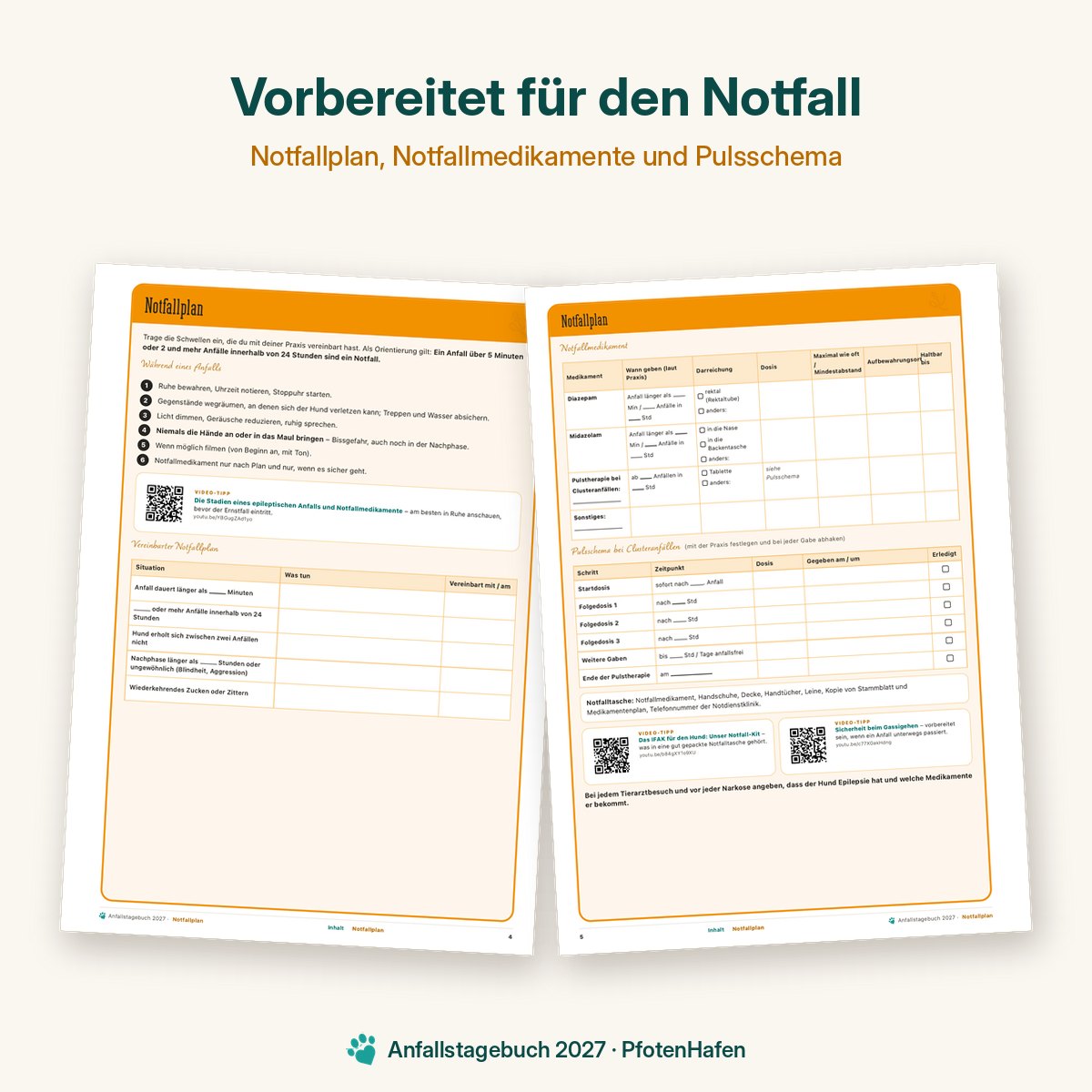 Notfallplan für Hunde mit Epilepsie mit Notfallmedikamenten und Pulsschema bei Clusteranfällen